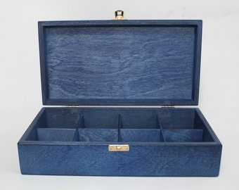 Wooden Gift Box / Wooden 8 Compartments Box / Blue Wooden Box / Keepsake Box / Jewelry Box / Collection Box / Blue Gift Box / Favor Box