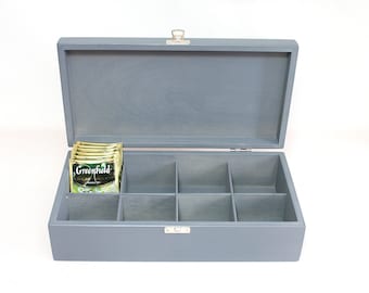 Gray 8 Compartments Wooden Box / Wooden Tea Box / Keepsake Box / Jewelry Box / Tea Storage Box / Personalized Box Option