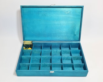 Turquoise Wooden Tea Box: 24 Compartment Tea Organizer