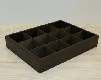 Dark Brown Wooden Tea Box: 12-Compartment Storage Organizer