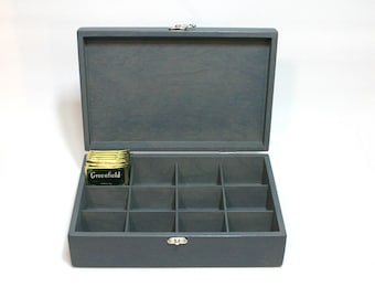 Graphite Wooden Tea Box: 12 Compartment Organizer, Keepsake Box