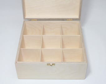 Wooden Box for DIY Projects / 9 Compartment Box / Unfinished Wooden Box 9.64 x 9.64 x 4.33 inch (other dimensions available)