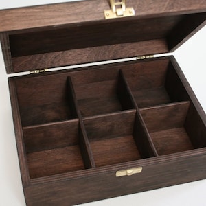 6 Compartments Wooden Jewelry Box / Wooden Tea Box / Wooden Keepsake Box / Plywood Storage Box / Dark Brown Box / Personalized Box Option