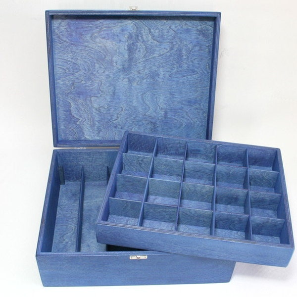 Large Wooden Storage Box / Blue Collection Box with Removable Compartment / Large Plywood Box / Big Collection Box