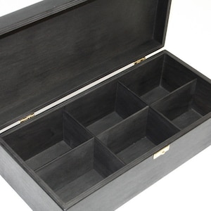 Houten kist met 6 vakken / Zwarte houten theedoos / Houten aandenkendoos / Opbergdoos multiplex / Optie gepersonaliseerde doos / Organizer