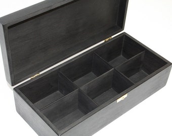 6 Compartments Wooden Box / Black Wooden Tea Box / Wooden Keepsake Box / Plywood Storage Box / Personalized Box Option / Organizer