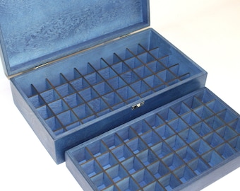 Blue Stained Wooden Storage Box: 100 Compartment Collection Box