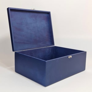 Dark Blue Stained Wooden Box: Large Storage, Varnished Finish