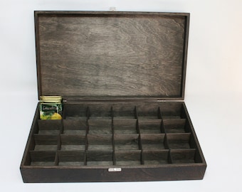 Dark Brown Wooden Tea Box: 24 Compartment Tea Organizer