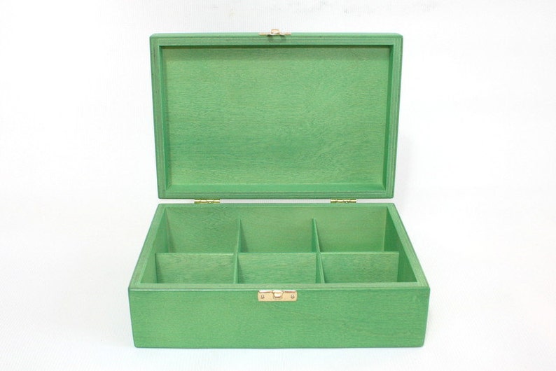 Wooden Tea Box / 6 Compartments Box / Wooden Keepsake Box / Jewelry Box / Green Box / Plywood Box / Tea Organizer image 3