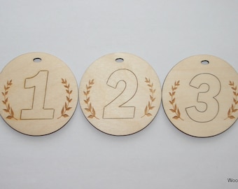 Houten medailles Set van 3 stuks - competitie medailles - 1e plaats medaille 2e plaats - Medaille 3e plaats - medaille