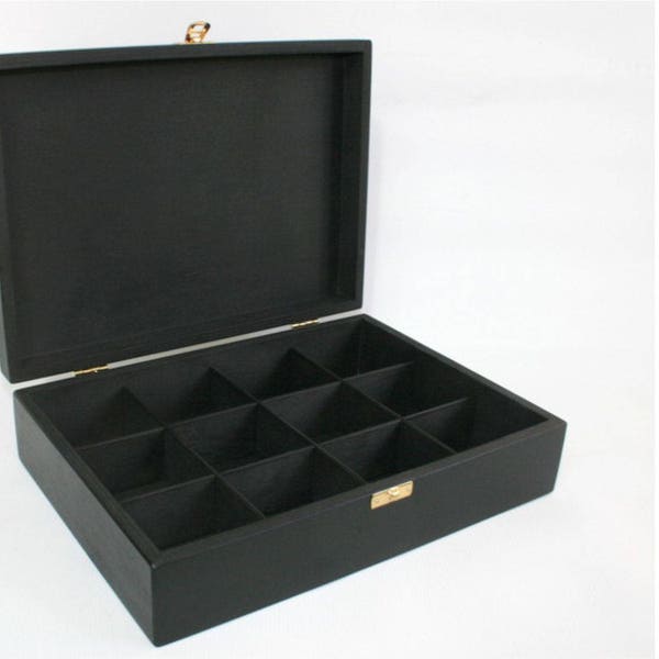 Black 12 Compartments Wooden Tea Box / Black Box / Storage Box / Jewelry Box / Keepsake Box / Personalized Box Option / Tea Organizer