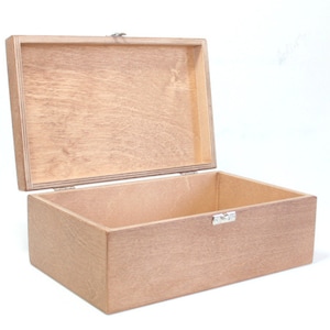 May include: An empty wooden box with a hinged lid and a metal clasp. The box is made of light brown wood and has a natural finish.