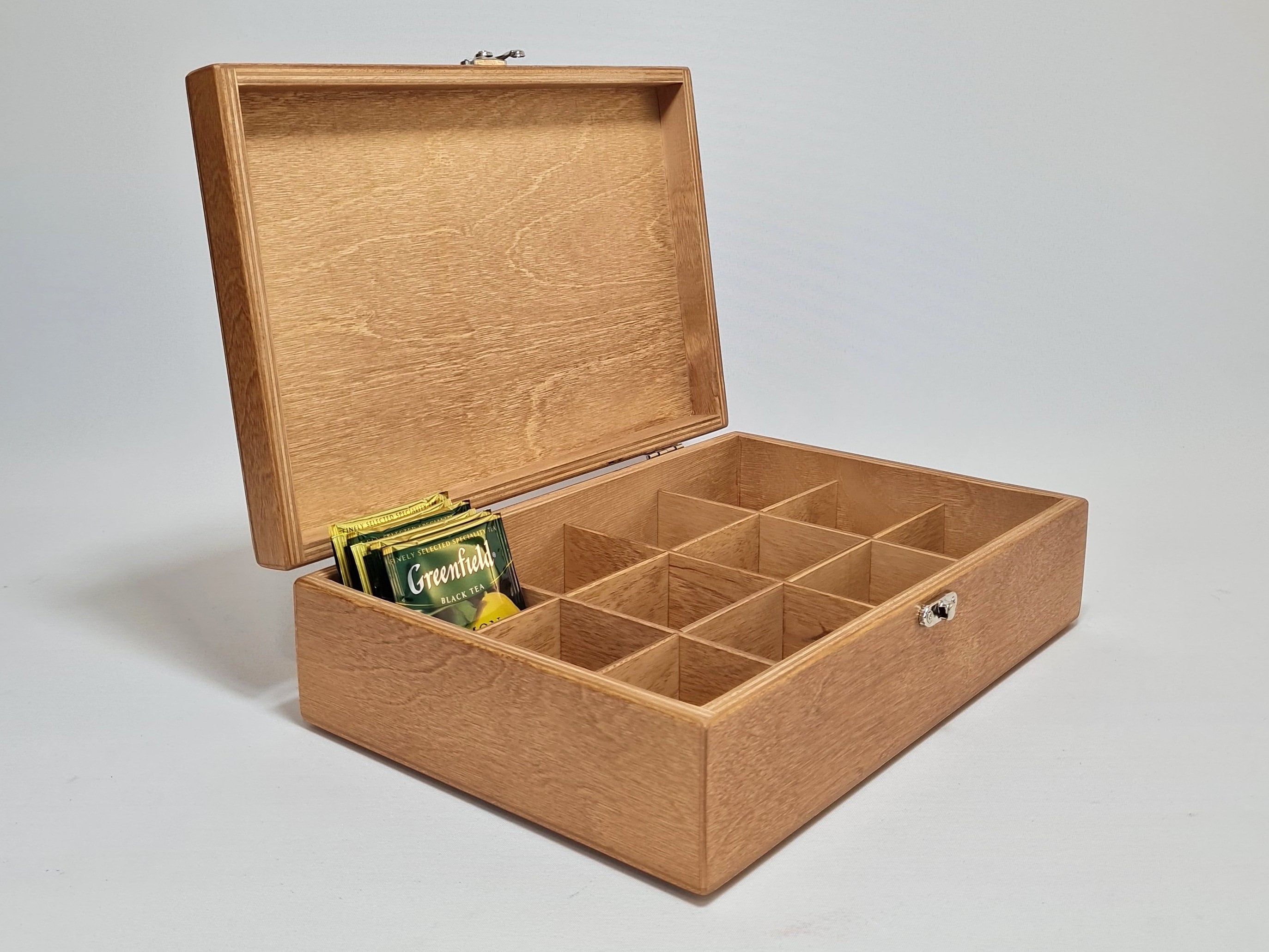 Wooden Tea Box / 12 Compartments Box / Light Brown Box / Wooden Keepsake Box / Jewelry Box / Collection Storage Box / Collection Display