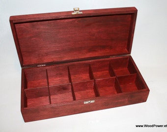 10 Compartments Wooden Storage Box / Red Collection Box / Plywood Box / Wooden Keepsake Box / Gift Box