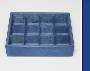 Blue Open Compartment Box / Collection Display Box / Wooden Box / Storage Box / 12 Open Compartments Box / Blue Box