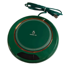 May include: A round, dark green electric mug warmer with a metallic copper-coloured ring accent. The centre surface features a white icon of a steaming cup and the text HEATING CUP. It includes a dark green USB power cord extending from the top.