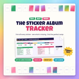 May include: A digital sticker album tracker with the text THE STICKER ALBUM TRACKER, GOT GOT NEED, and an album dashboard showing statistics for World Football Stars 2026. The layout includes buttons for NEED LIST, SWAP LIST, and ANY ALBUM.