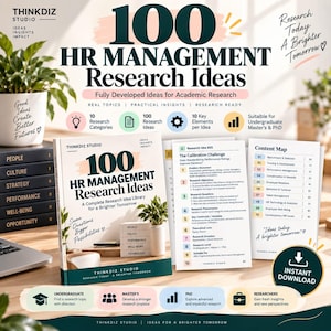May include: A digital product display for 100 HR Management Research Ideas by Thinkdiz Studio. The image features a book cover, a content map, and a research idea page, all detailing academic topics, categories, and practical insights for students.