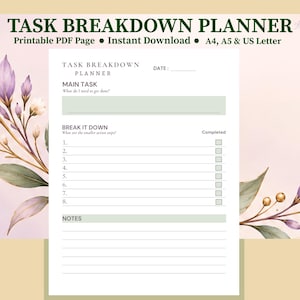 May include: A Task Breakdown Planner printable page featuring a white sheet with sections for Main Task, Break It Down with eight numbered lines and checkboxes, and Notes. The page is framed by watercolour illustrations of purple flowers.