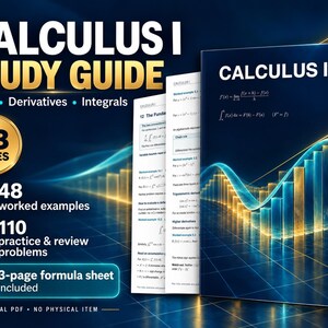 Puede incluir: Una guía de estudio de cálculo I en PDF digital con 38 páginas, 48 ejemplos resueltos, 110 problemas de práctica y una hoja de fórmulas de 3 páginas. La portada muestra el texto Calculus I con un gráfico de barras azul y dorado.
