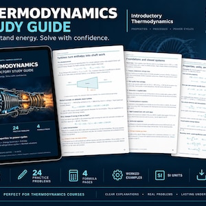 Könnte beinhalten: Ein digitales Thermodynamik-Lernheft für Ingenieurstudenten mit einem Tablet, das ein Strahltriebwerk und den Titel Thermodynamics Introductory Study Guide zeigt, sowie drei ausgedruckten Seiten mit technischen Inhalten und Formeln.