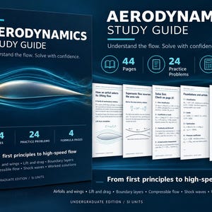 May include: A dark blue Aerodynamics Study Guide book featuring a glowing airfoil graphic, 44 pages, 24 practice problems, and 4 formula pages. The cover text reads: From first principles to high-speed flow, Undergraduate Edition / SI Units.