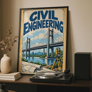 May include: A framed poster featuring the text CIVIL ENGINEERING in bold blue letters above an illustration of a cable-stayed bridge over a river, with a yellow surveying instrument on a tripod and rolled blueprints in the foreground.