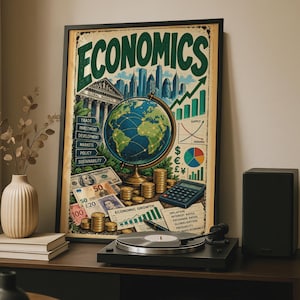 May include: A framed poster titled ECONOMICS featuring a globe, a city skyline, stacks of gold coins, various international banknotes, a calculator, a supply and demand graph, and a list of economic terms including trade and investment.