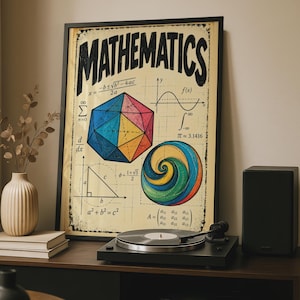 Könnte beinhalten: Ein gerahmtes Poster mit der Aufschrift MATHEMATICS, das ein buntes Ikosaeder, eine Spiralform und verschiedene mathematische Formeln wie die quadratische Formel, den Satz des Pythagoras und Matrixschreibweise auf beigem Grund zeigt.