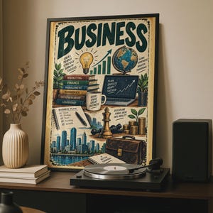 Peut inclure: Une affiche encadrée intitulée BUSINESS présentant des illustrations d'une pile de livres étiquetés Marketing, Finance, Management, Economics, Entrepreneurship, Leadership, un ordinateur portable, un globe, une pièce d'échecs et une mallette.