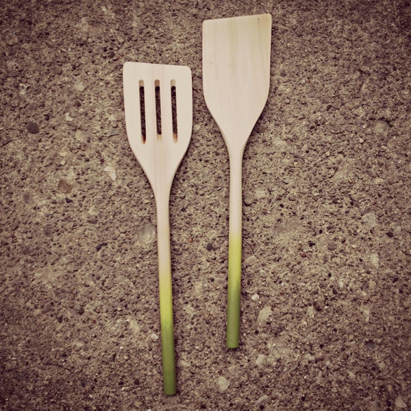 Set of two green ombre wooden spatulas