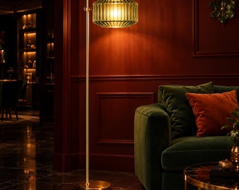 Gold Arc Floor Lamp, Green Fluted Glass Shade, Remote Dimmable LED Light
