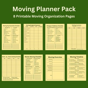 Puede incluir: Un paquete de planificador de mudanzas digital con 8 páginas de organización imprimibles sobre un fondo verde oscuro. Las páginas incluyen listas de verificación para artículos esenciales, presupuesto, cambio de dirección e inventario.