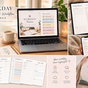 May include: A digital Workday Productivity & Workflow Planner displayed on a laptop, tablet, and smartphone. The planner features pastel-colored sections for daily, weekly, and monthly tasks, time blocking, and goal setting, available for digital or print use.