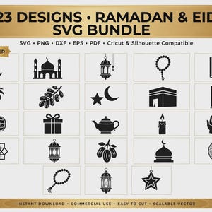Op de afbeelding: Een digitaal pakket met 23 zwart-wit SVG-ontwerpen voor Ramadan en Eid, met iconen van halve manen, sterren, moskeeën, lantaarns, gebedskralen, dadels en biddende handen. De afbeelding bevat tekstlabels voor bestandsformaten en compatibiliteit.