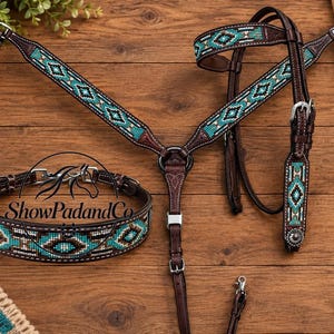 May include: A dark brown leather horse breast collar and matching browband headstall set featuring intricate turquoise, white, and black beadwork in a geometric pattern. The set includes silver-toned buckles and hardware with the ShowPadandCo logo.