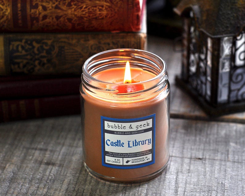 Castle Library Scented Soy Candle Jar books fireplace Etsy