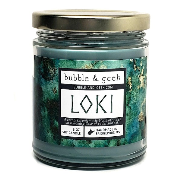Vela de soja perfumada en tarro con el dios nórdico Loki
