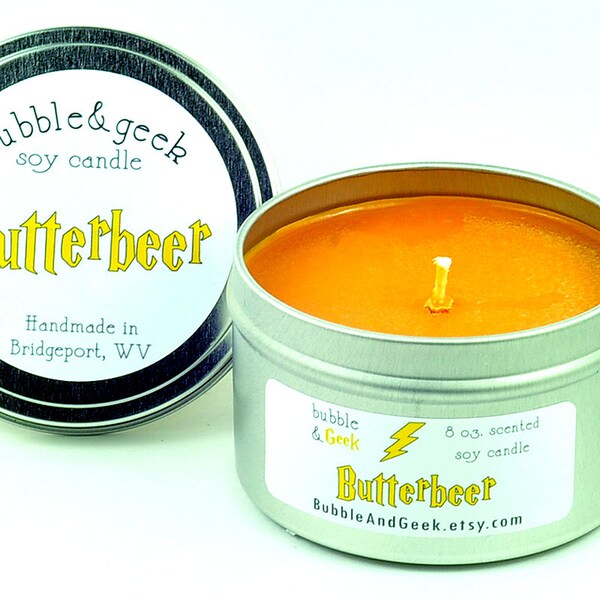 Butterbeer Scented Soy Candle  - 8 oz. tin - butterscotch, vanilla