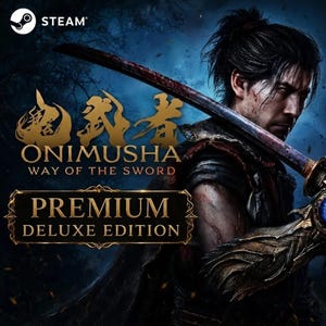May include: A digital game cover for Onimusha Way of the Sword Premium Deluxe Edition featuring a warrior with a katana resting on their shoulder. The Steam logo is in the top left corner. The background is a dark blue, moody forest scene.