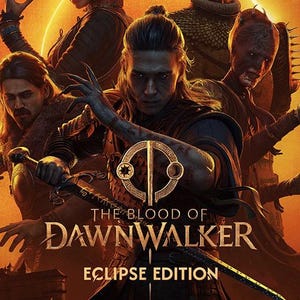 May include: A promotional poster for The Blood of Dawnwalker Eclipse Edition featuring five fantasy characters in an orange-hued setting. A central figure holds a sword, while others surround them. The title text is centered in gold lettering.