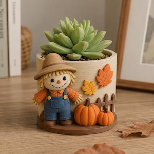 Mini Pumpkin Patch Scarecrow 3D Printed Planter Pot, Hand Painted Fall Succulent Holder, Autumn Home Decor halloween