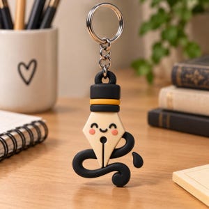 May include: A keychain featuring a cream-colored fountain pen nib character with a smiling face, pink cheeks, and black ink swirls at the base. The top of the nib is capped with a black and yellow band, attached to a silver metal ring and chain.