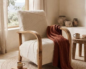 Handmade Moroccan Walnut Wood Chair, Upholstered Accent Chair, Artisan Wooden Seating, Rustic Boho Furniture
