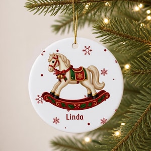Rocking Horse Christmas Ornament | Ceramic Round Personalized Name Ornament