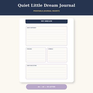 Può includere: Un inserto per diario stampabile intitolato Quiet Little Dream Journal con sezioni chiamate My Dream, What Happened, Feelings, Symbols e Quiet Reflection. La pagina bianca presenta intestazioni blu scuro e righe, disponibile in A4, A5 e US Letter.