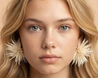 White Feather Earrings Handmade, Statement Bridal Stud, Couture Runway Pom Earrings, Lightweight Gold Silver