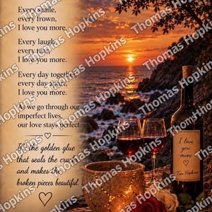 May include: A decorative print featuring a sunset over the ocean, two wine glasses, a wine bottle with a label reading I love you more, a candle, and a rose. The text reads Every kiss, every curse, I love you more, and As we go through our imperfect lives, our love stays perfect.