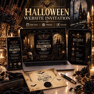 May include: A digital Halloween website invitation set displayed on a laptop, tablet, and smartphone, featuring a gothic theme with bats, skulls, and candles. An envelope with a wax seal and a black pen are placed in the foreground of the display.